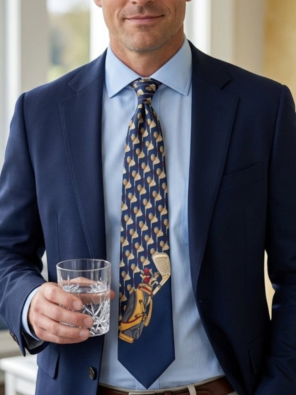 Stefano Rossini Silk Golf Tie Handmade Golf Clubs Pattern Necktie 58" x 4" Blue
